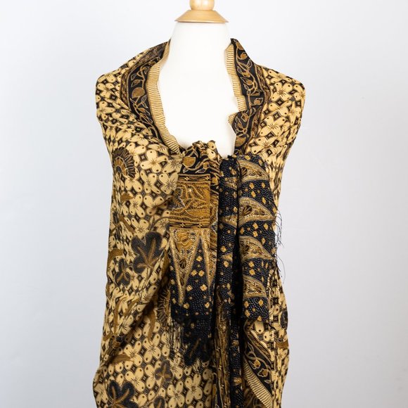 Silk Crepe Scarf, Sarong, wrap Black Harvest gold cream 40" x 76" floral - Picture 2 of 4